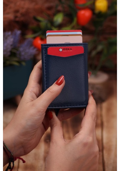 Özka Leather Suni Deri Mekanizmalı Vegan Deri Kartlık Cüzdan Portföy Lacivert Siyah
