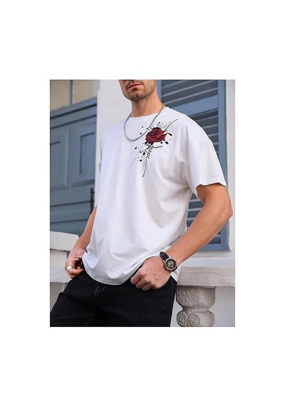 Erkek Kısa Kol Yazlık Tişört Bisiklet Yaka Gül Baskılı T-shirt - Beyaz Siyah