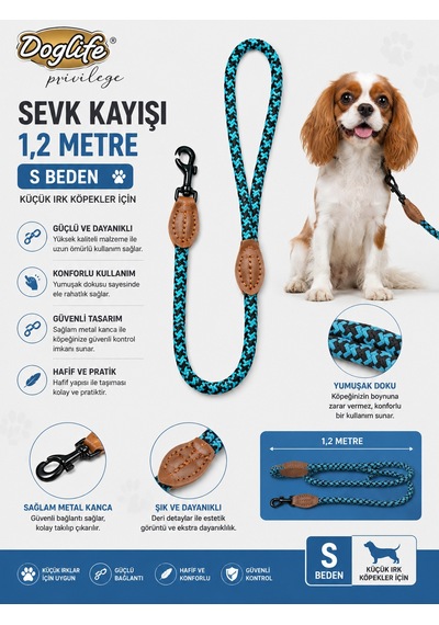 Dog Life Privilege Köpek Sevk Kayışı 1,2 Metre S Beden Örgü Halat Deri Detaylı