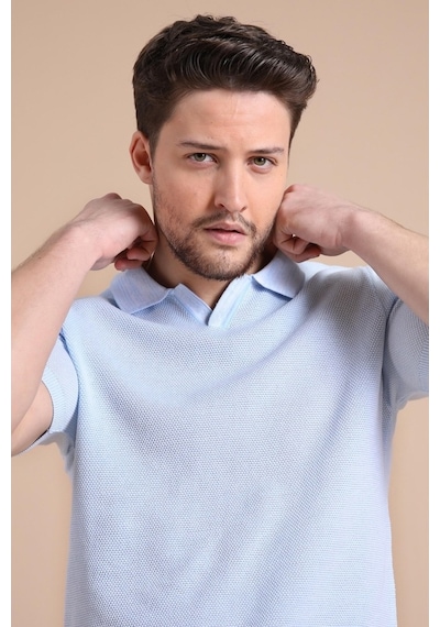Ferraro A.Mavi/Beyaz Kuşgözü Desenli Polo Yaka Erkek Triko T-Shirt Mavi