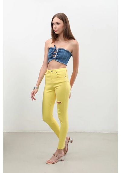 Blue White Kadın Yırtık Detaylı Jean Pantolon Sarı 001 Sarı 30