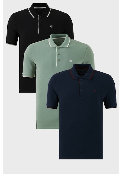 Buratti Pamuklu Slim Fit Şerit Detaylı Düğmeli Polo Yaka 3'Lü Paket Erkek T Shirt 5902118S3 Siyah-Beyaz-Lacivert-Bordo-Elma Yeşili-Beyaz