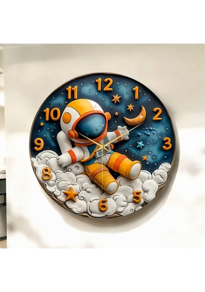 AA Shop Renkli Baskı Astronot Çocuk Desenli Sayılı Yılbaşı Hediyelik Ahşap Sessiz Tablo Duvar Saati 50cm D321 Çok Renkli