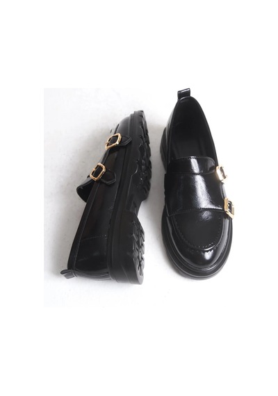 Sermoda Loafer Kadın Ayakkabı - Makosen Tokalı Casual Günlük Kadın Ayakkabı Siyah Rugan