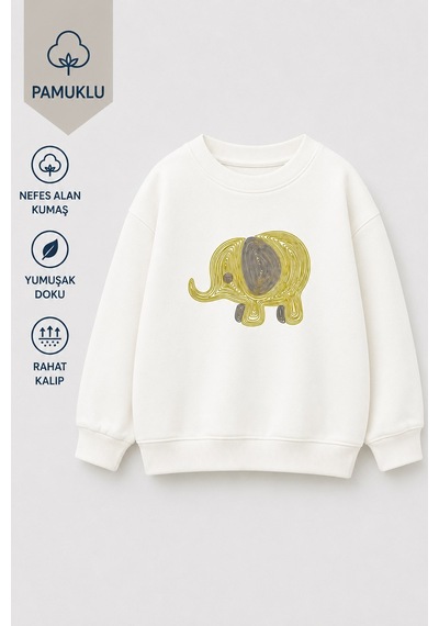 Monila Unisex Çocuk 3 İplik Kumaş Pamuklu Fil Baskılı Sweatshirt Ekru