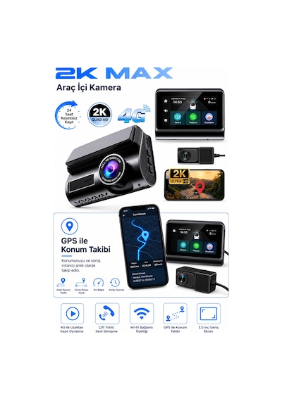 Bagajon 2k Max Araç İçi Kamera 4g Çift Kameralı Wifi Gps Uzaktan Canlı İzleme Gece Görüşlü G-sensör 24 Saat Park Modu