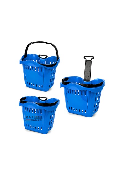 5 Adet - 43 Lt Tekerlekli Market Sepeti Plastik Alışveriş Sepeti Ergonomik Çift Saplı Mavi