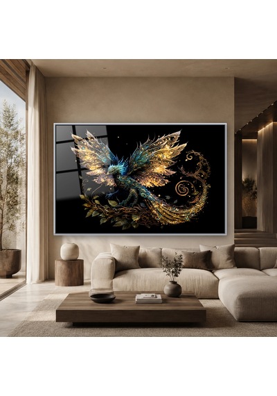 Altın Kanatlı Fantastik Kuş Gümüş Çerçeveli Cam Tablo