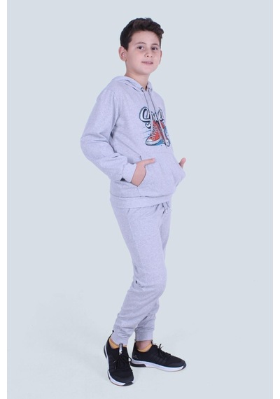 Fyk Kids Kapüşonlu Kanguru Cepli Erkek Çocuk Eşofman Takımı Melanj Gri