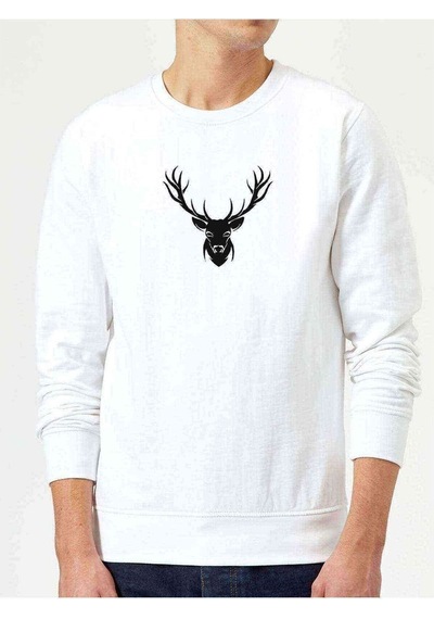 Silhouette Deer Baskılı Beyaz Erkek Örme Sweatshirt