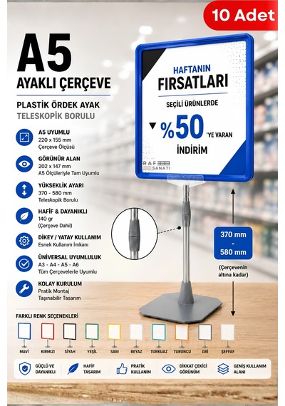 10 Adet - A5 Ayaklı Çerçeve Seti Plastik Ördek Ayak Teleskopik Borulu Fiyat Etiketliği Yönlendirme Levhası Menü Panosu Mavi