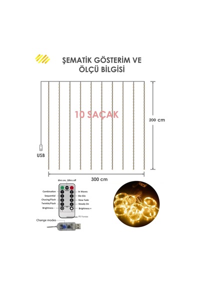 Technojet 3X2 Metre 200 Ledli Peri Telli Perde Led Işık Kumandalı