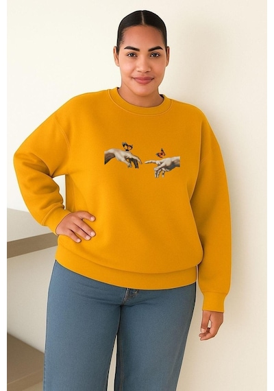 Benroma El Parmak Baskılı Büyük Beden Unisex Sweatshırt Sarı
