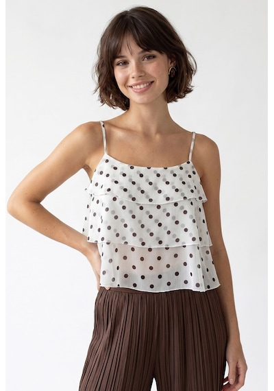 Mixray 4943 Kadın Puantiyeli Şifon Fırfırlı Askılı Crop Bluz Beyaz