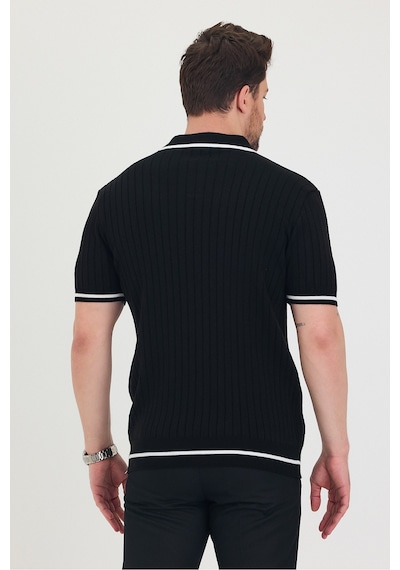 Cool Tarz Erkek Yaka Kol Etek Beyaz Çizgi Detaylı Siyah Triko T-shirt Siyah Siyah