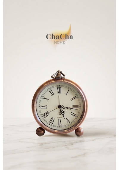 Chacha Home Serene Bell Vintage Metal Çalar Saat & Premium Masaüstü Dekoratif Obje 16x14 Cm Bakır