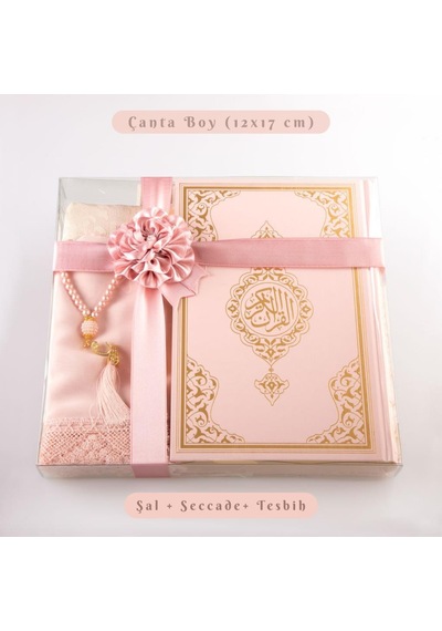 Şal + Seccade + Tesbih + Kuran Hediye Seti Çanta Boy, Ekonomik Cilt, Pembe