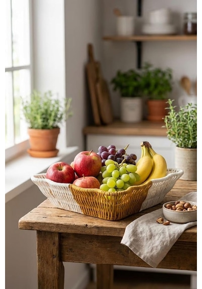 Ayrex Buffer Kare Dalgalı Çift Renkli Plastik Rattan Sepet, Ekmek Ve Meyve Sepeti, 25x25x8 Cm, Yıkanabilir, İç İç Diğer