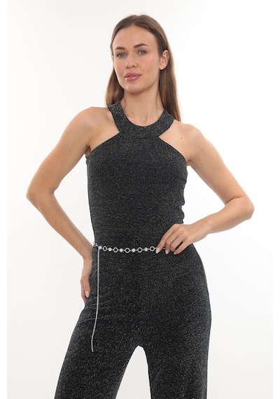 Hanife Glam Couture Hanife Glam Simli Kemerli Halter Yaka Tulum Gri