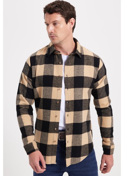 Tudors Erkek Slim Fit Dar Kesim Kareli Kışlık Oduncu Gömlek-42337 Siyah