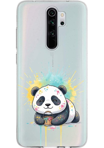 Redmi Note 8 Pro İle Uyumlu Splash Panda Tasarımlı Şeffaf Silikon Kılıf Şeffaf