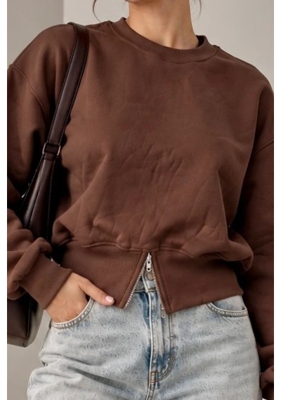 Bbbutikbasic Fermuar Detaylı Şardonlu 3 İplik Kadın Sweatshirt My3535 Kahverengi