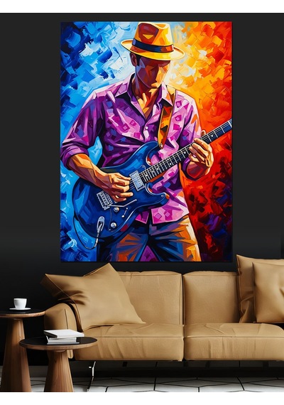 Ahşap Tablo Mavi Şapkalı Elektro Gitar Çalan