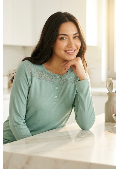 Aura Collections Kadın Dantelli Bambu Viskon Uzun Kollu Mevsimlik Soft Örme Pijama Takımı Yeşil