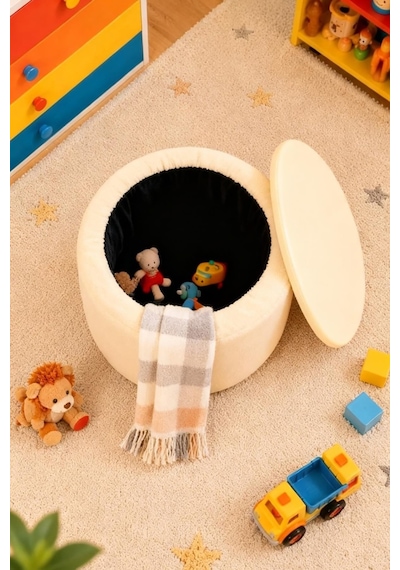 Sandıklı Peluş Puf 40x40x42 Cm Dekoratif Oturma Pufu Makyaj Masası Taburesi Çok Renkli