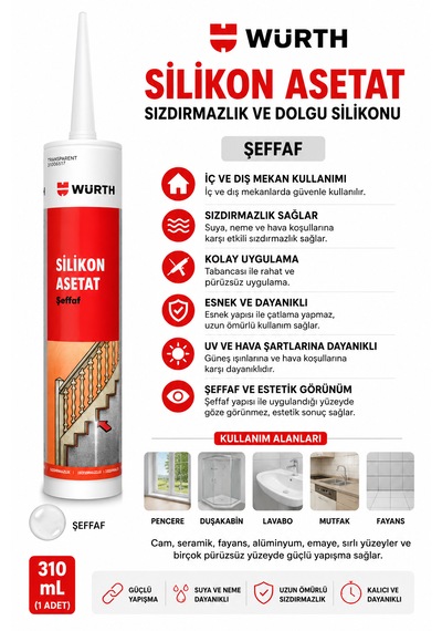 Würth Silikon Asetat Şeffaf Silikon Sızdırmazlık Ve Dolgu İçin Kullanılır 310 Ml