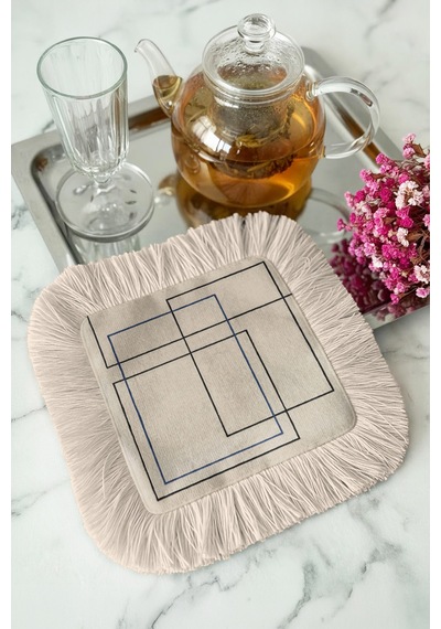 Geometrik Modern Saçaklı Sunum Peçetesi - Minimal Çizgiler Modern Bej Mavi Kahve Yanı Sunum Mendili Çok Renkli
