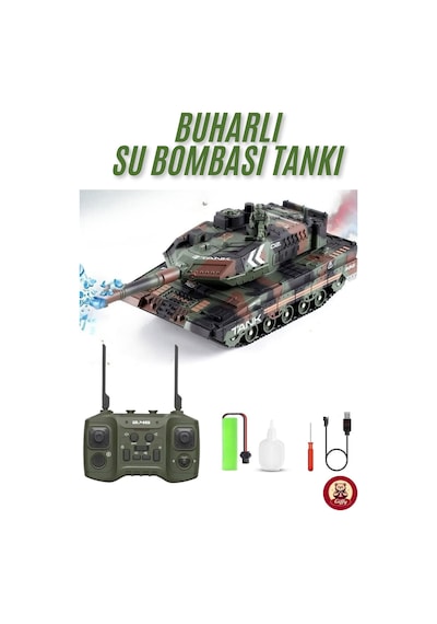 Oyuncak 2.4 Uzaktan Kumandalı Su Bombası Atan Tank Buharlı 1200 Şarjlı Sesli Gövdesi 360 Hareketli Gövde Yeşil