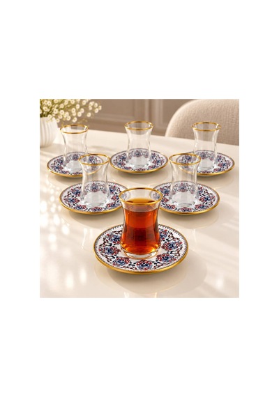 6 Kişilik 12 Parça Çay Bardağı Seti Gold Kenarlı Çeyizlik Şık Çay Takımı çok renkli