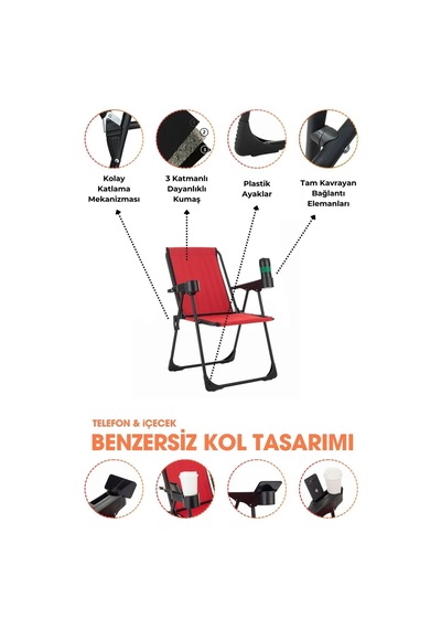 2 Adet Kamp Sandalyesi, Katlanır Kamp Sandalyesi, Bardaklıklı Kamp Sandalyesi,plaj Piknik Sandalyesi Kırmızı