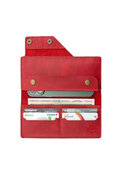 Twingold İsme Özel Dikey Çıtçıtlı Uzun Cüzdan - %100 Rainbow Deri - A010006 - Kırmızı Kırmızı