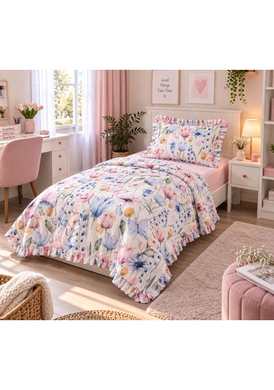 Sallhome Çiçek Bahçesi Desenli Fırfırlı Tek Kişilik Pike Takımı Açık Pembe