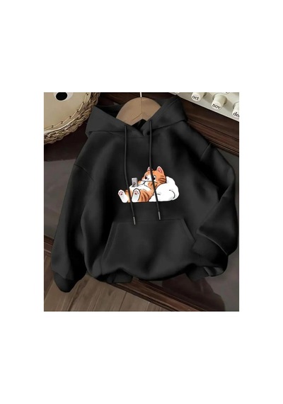 Herkesemoda Sevimli Kedi Baskı Detaylı İçi Polarlı Kapüşonlu Sweatshirt Siyah