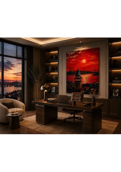 İstanbul Esintili Kızıl Gün Batımı Şehir Silüeti Kanvas Tablo Premium Dokulu Modern Duvar Dekoru Salon, Ofis, Çalışma Odası Ve Lüks Yaşam Alanları İçin Dekoratif Tablo