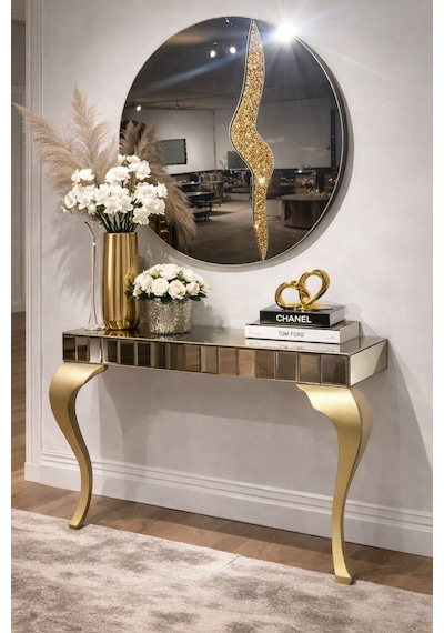 Glory Füme Camlı Aynalı Dresuar - Boyalı Lükens Ayak - 110x90x40 Cm Gold