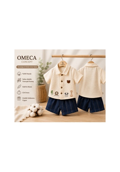 Omeca Concept Erkek Bebek Nakış Detaylı Gömlek Şort Takımı - Ekru Lacivert