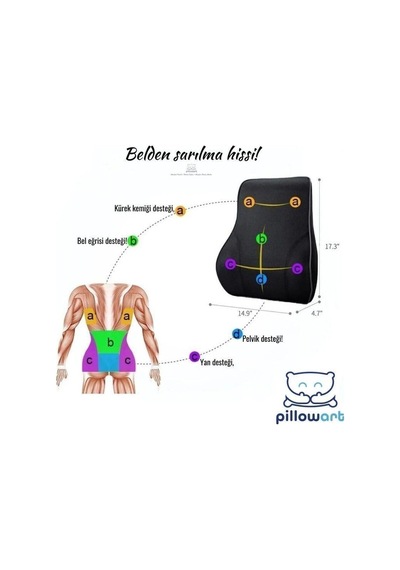Pillowart Ortopedik Visco Sırt Bel Destek Minderi Ofis Koltuğu İçin Ergonomik Anatomik Lomber Ve Postür Desteği Siyah