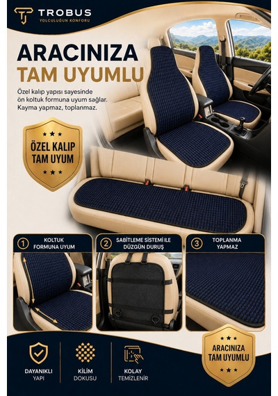 Renault Talisman 2016 Ve Sonrası Üniversal Örme 3 Parça Minder Terletmez Kaymaz Taban Lacivert Siyah