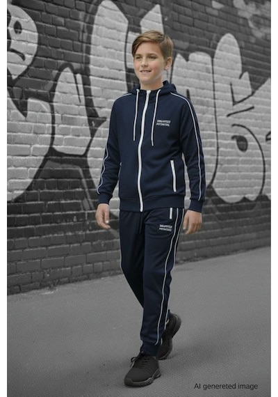 Pina Kids Erkek Çocuk Scuba Unlimited Çift Şeritli Kapüşonlu Reglan Kol Dalgıç Kumaş Eşofman Takımı Esf7024 Lacivert