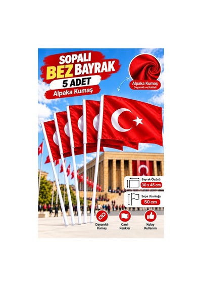 Sopalı Bez Bayrak 30x45 Cm 5 Adet Saplı Bayrak Ay Yıldız Plastik Çıtalı 30x45 Bez Bayrak Mill Bayram Kutlama 30 x 45 CM