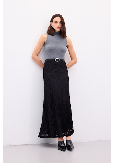Sateen Dantelli Uzun Etek - Siyah-136891 Siyah