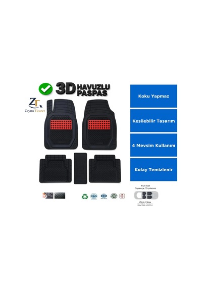 Citroen C4 Hb 2004 Uyumlu 3 Cm Havuzlu 5 Parça 3d Universal Oto Paspas Siyah-kırmızı