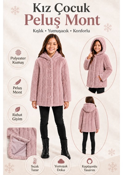 Ahengim Kız Çocuk Kışlık Kapüşonlu Düğmeli Astarlı Dikey Çizgili Peluş Mont Ak4510 Pembe