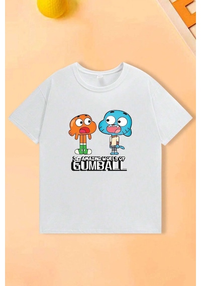 Uyguntarz Çocuk Gumball Baskılı Pamuklu Tshirt Beyaz