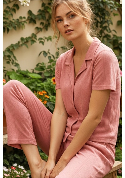 Siyah İnci Pointel Ajurlu/delikli Kısa Kollu Düğmeli Örme Pijama Takım26120536 Pudra