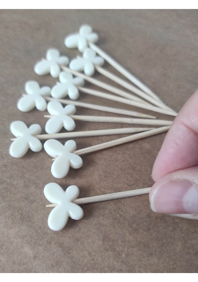 100 Adet Dekoratif Kelebek Boncuklu Kokteyl Kürdanı 6 Cm Beyaz - Kelebek 15 Mm